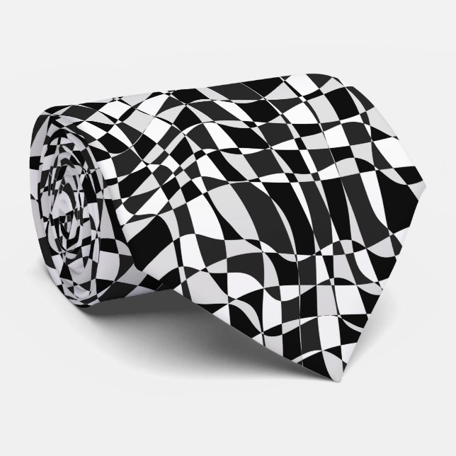Black and White Checkered Warp Pattern Krawatte (Gerollt)