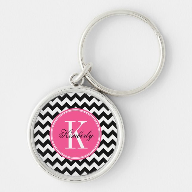 Black and White Chevron with Pink Monogram Schlüsselanhänger (Vorne)