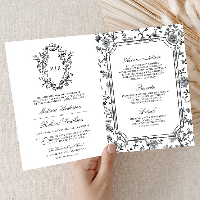 Black and White Chinoiserie Crest QR Code Wedding Einladung (Von Creator hochgeladen)