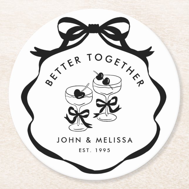 Black and White Coquette Bow  Better Together Runder Pappuntersetzer (Vorderseite)