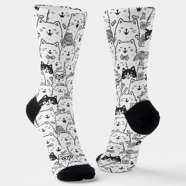 Black and White Cute Doodle Cat Face Pattern Socks Socken (Gewinkelt)