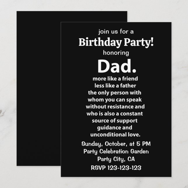 Black and White Dad Daddy Quote Birthday Party Einladung (Vorne/Hinten)
