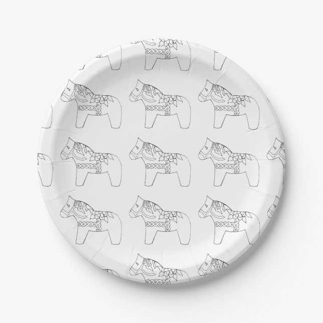 Black and White Dala Horse Paper Plate Pappteller (Vorderseite)