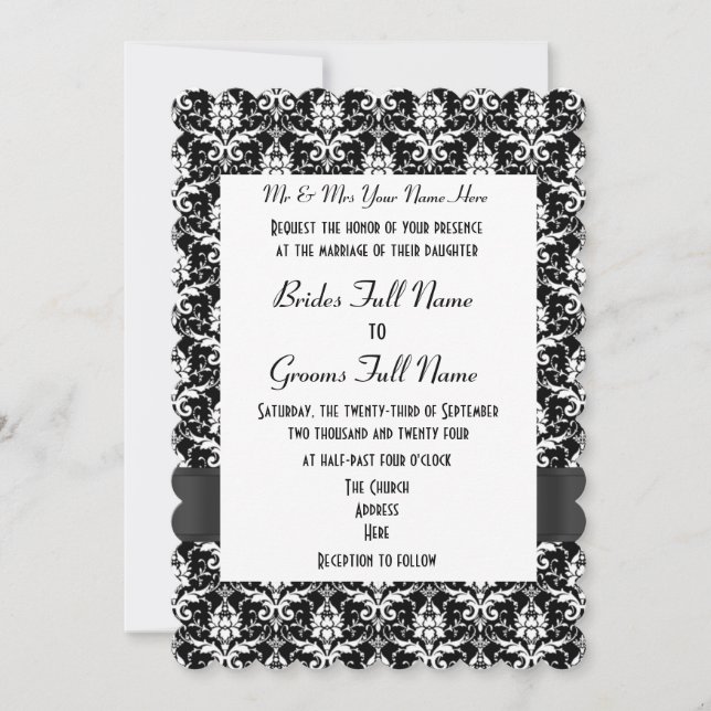 Black and white damask formal wedding einladung (Vorderseite)