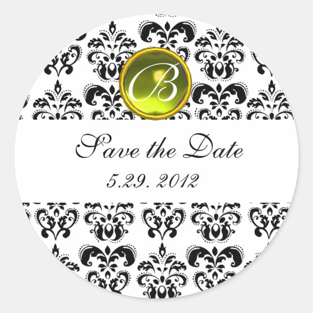 BLACK AND WHITE DAMASK MONOGRAM Gelber Topaz Runder Aufkleber (Vorderseite)