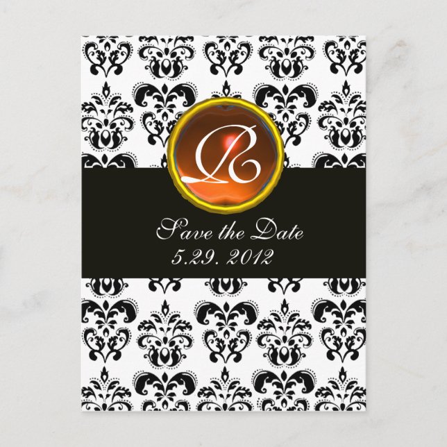BLACK AND WHITE DAMASK Orange Agate Monogramm Ankündigungspostkarte (Vorderseite)