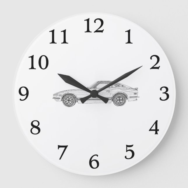 Black and White Datsun 240Z Pencil Style Drawing Große Wanduhr (Vorderseite)