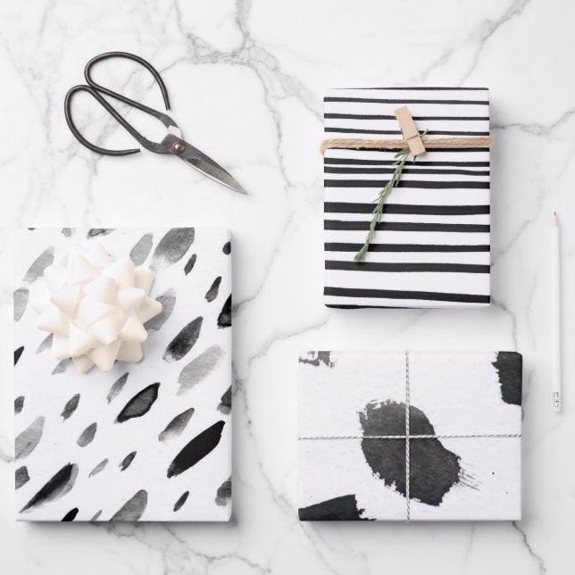 Black And White Doodle Shapes Stripe Drop Patterns Geschenkpapier Set (Vorderseite)