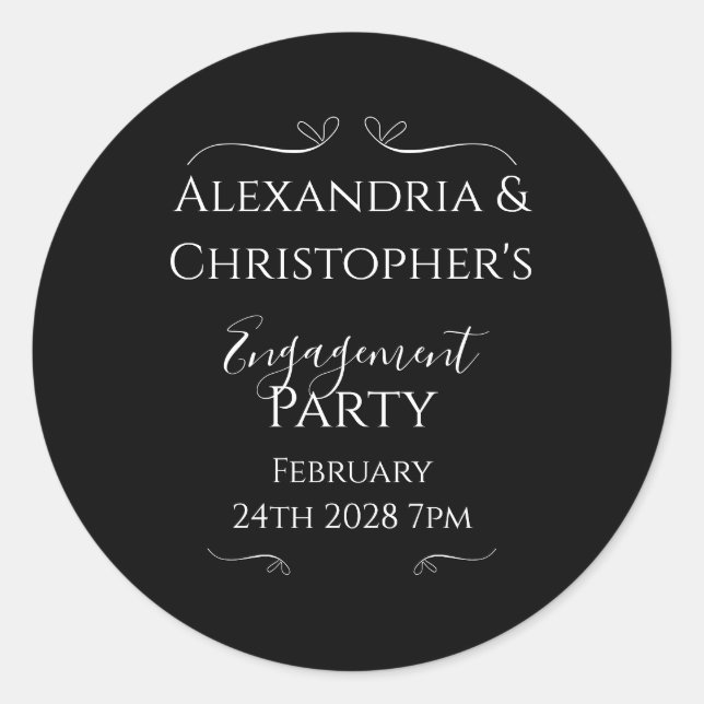 Black and White Elegant Script Engagement Party Runder Aufkleber (Vorderseite)
