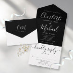 Black And White Elegant Script Minimalist Wedding  All In One Einladung<br><div class="desc">All in one black and white wedding invitation featuring elegant signature script name and monogram initials. The invitation includes a perforated RSVP card that’s can be individually addressed or left blank for you to handwrite your guest's address details. Designed by Thisisnotme©</div>