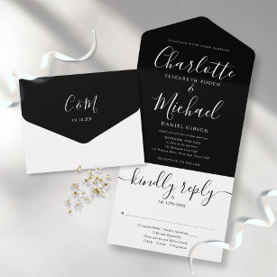 Black And White Elegant Script Minimalist Wedding  All In One Einladung