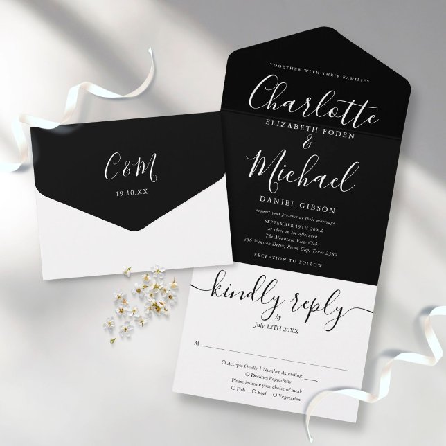 Black And White Elegant Script Minimalist Wedding  All In One Einladung (Von Creator hochgeladen)