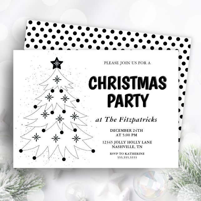 Black and White Festive Tree Christmas Party Einladung (Black and White Festive Tree Christmas Party Invitation)