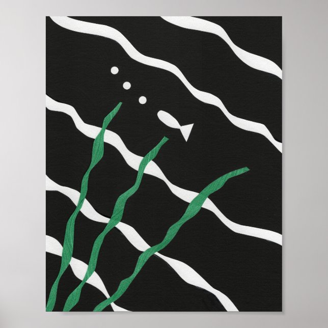 Black and White Fish with bubbles and seaweed Poster (Vorne)