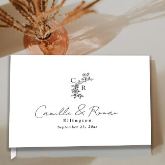 Black and White Flora Monogram Calligraphy Wedding Gästebuch
