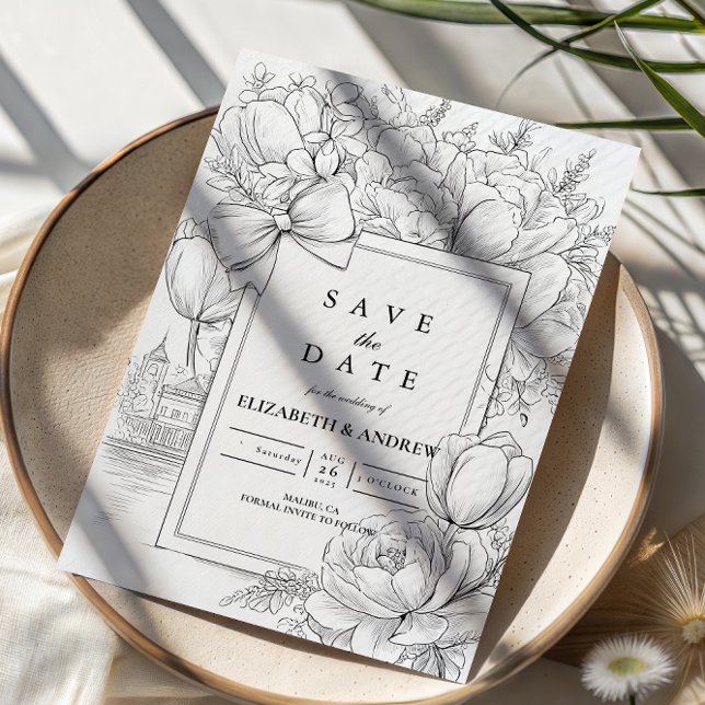 Black and White Floral Bow Wedding Save The Date (Von Creator hochgeladen)