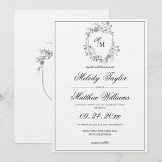 Black and White Floral Crest Calligraphy Wedding Einladung
