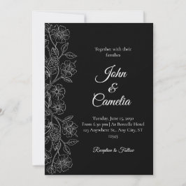 Black and White Floral Line Art Wedding  Einladung