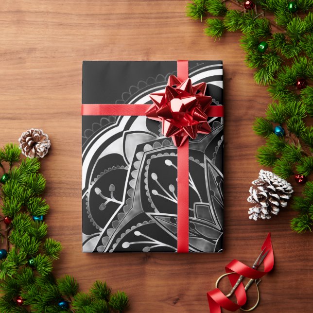 Black and white floral mandala  geschenkpapier (Feiertagsgeschenk)