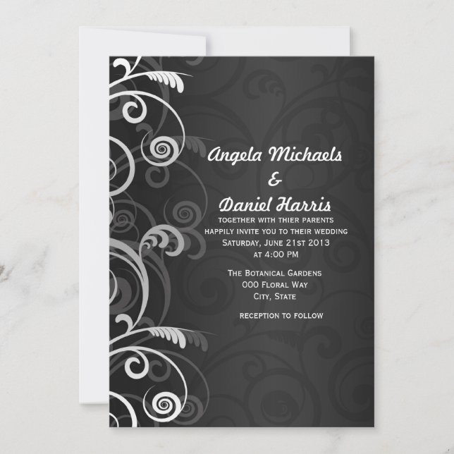 Black and White Floral Wedding Invitations (Devant)