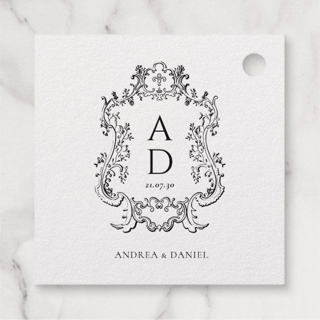 Black and White Floral Wedding Monogram  Geschenkanhänger (Rückseite)