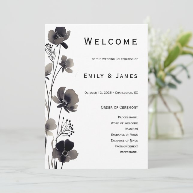 Black and White Floral Wedding Programm (Stehend Vorderseite)