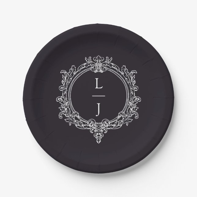 black and white foliage Crest wedding Pappteller (Vorderseite)