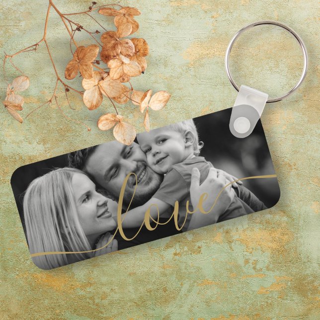 Black and White Foto Elegant Gold Script Love Schlüsselanhänger (Black and White Photo Elegant Gold Script Love Keychain)