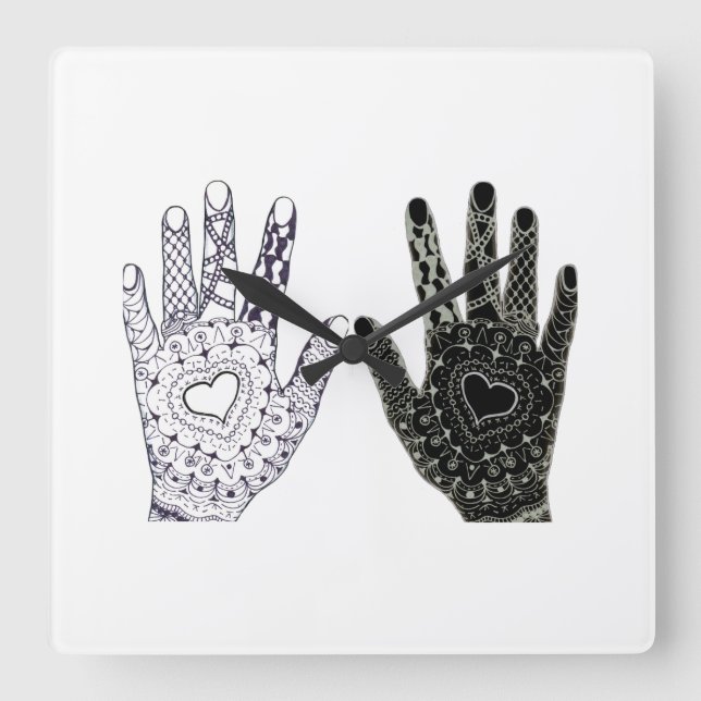 Black and White Friendship Hands Quadratische Wanduhr (Vorderseite)