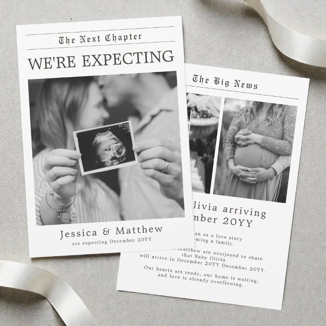 Black and White Gender Neutral Newspaper Pregnancy Ankündigung (Black and White Gender Neutral Newspaper Pregnancy Announcement)