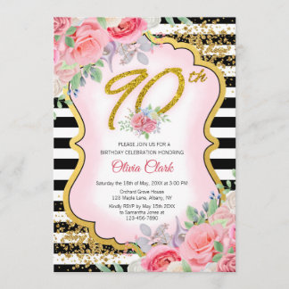 Black and White Gold Confetti Floral 90. Geburtsta Einladung