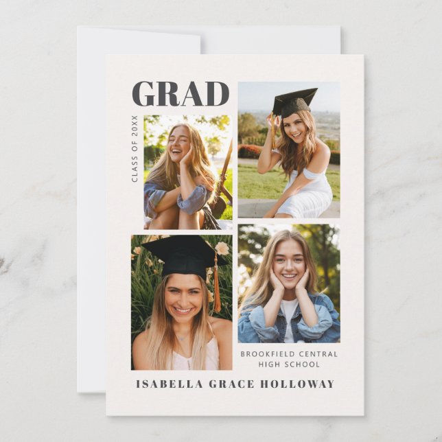 Black and White Grad Announcement With Photos Einladung (Vorderseite)