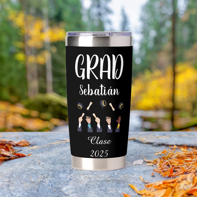 Black and White Graduate Thermos Thermobecher (Außenbereich (gedreht))