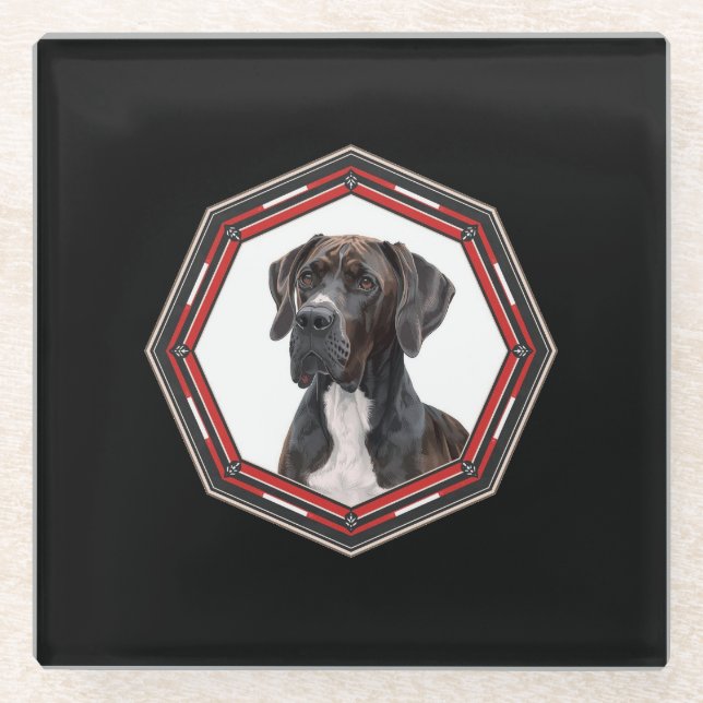 Black And White Great Dane In A Red Frame Glasuntersetzer (Vorderseite)