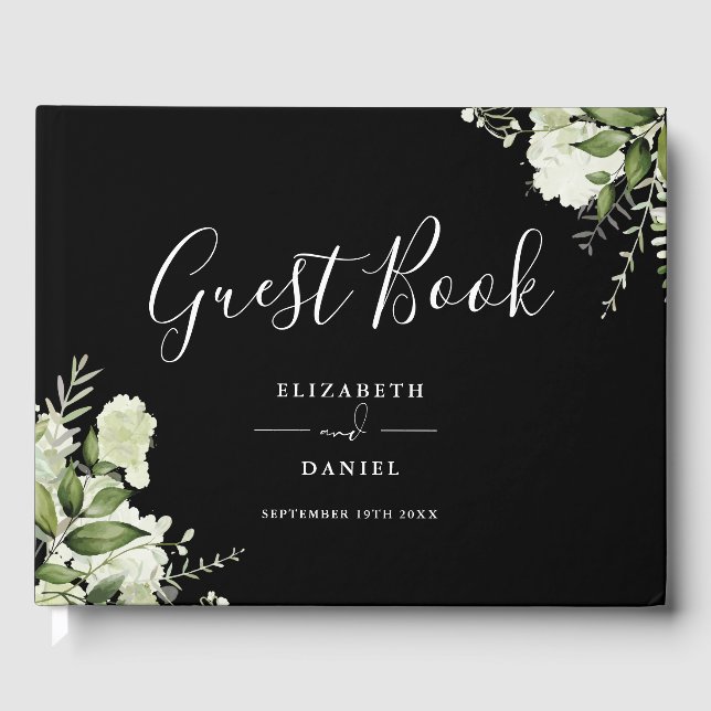 Black And White Greenery Floral Photo Wedding Gästebuch (Vorderseite)