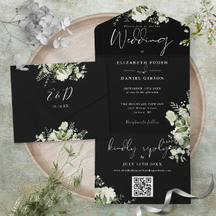 Black And White Greenery QR Code Monogram Wedding All In One Einladung