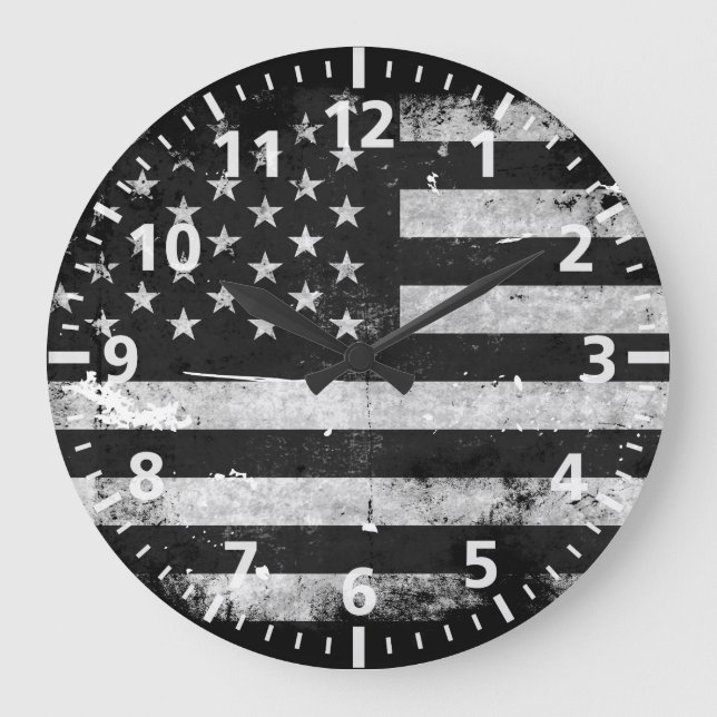 Black and White Grunge American Flag Große Wanduhr (Vorderseite)