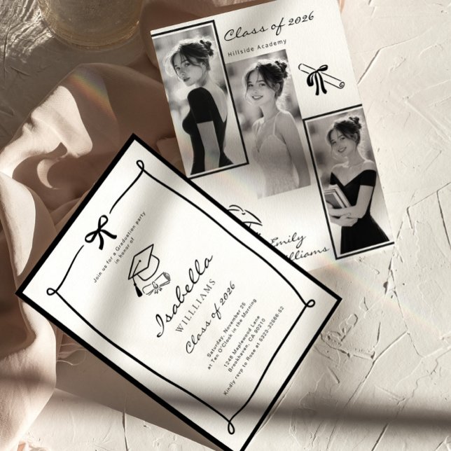 Black and White Hand Drawn Bow graduation Einladung (Von Creator hochgeladen)