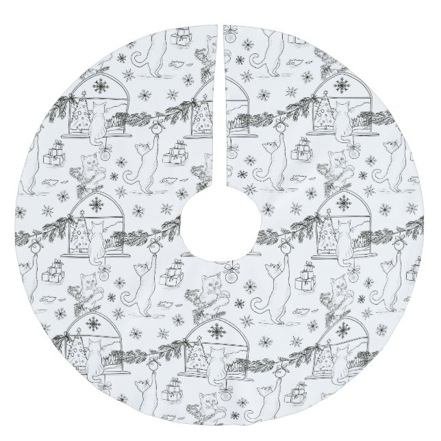 Black and white Hand drawn cats & Christmas tree  Polyester Weihnachtsbaumdecke (Vorderseite)