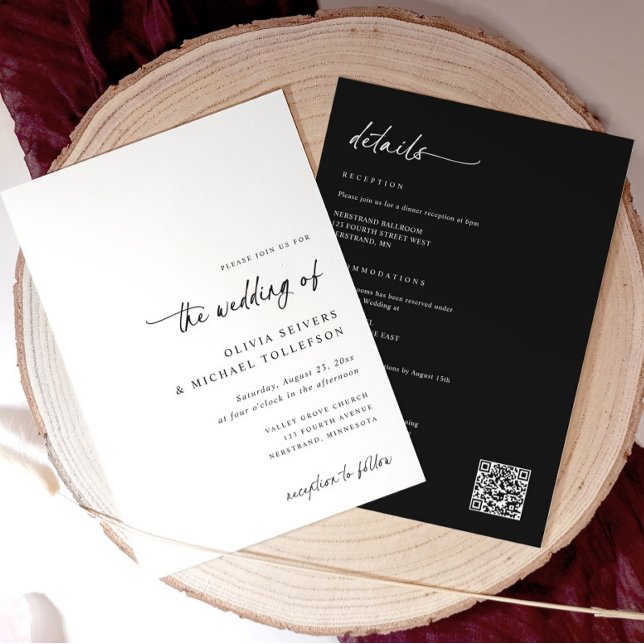 Black and White Handwriting All in One Wedding Einladung (All-in-one wedding invite with modern handwriting script and black back with white text and QR code)