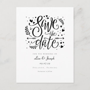 Black and White Hearts Schrift Save the Date Ankündigungspostkarte