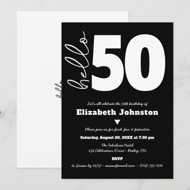 Black and White Hello 50 Fabulous Birthday Bold Einladung (Vorne/Hinten)