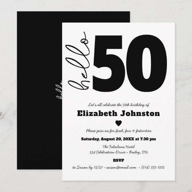 Black and White Hello 50 Fabulous Birthday Modern Einladung (Vorne/Hinten)