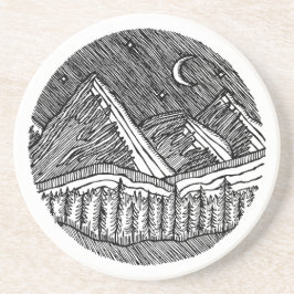 Black and White Ink-Drawn Round Alp Landscape Getränkeuntersetzer