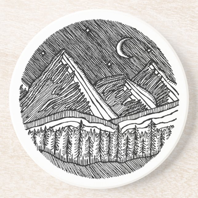 Black and White Ink-Drawn Round Alp Landscape Getränkeuntersetzer (Vorne)