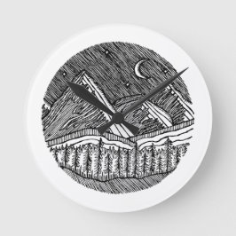 Black and White Ink-Drawn Round Alp Landscape Runde Wanduhr