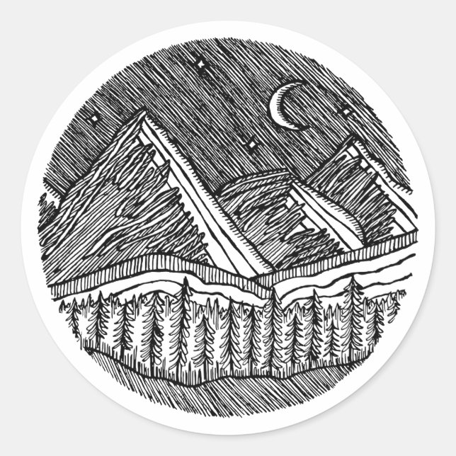 Black and White Ink-Drawn Round Alp Landscape Runder Aufkleber (Vorderseite)