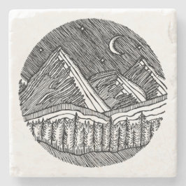 Black and White Ink-Drawn Round Alp Landscape Steinuntersetzer