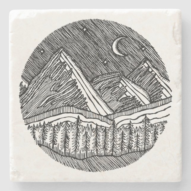 Black and White Ink-Drawn Round Alp Landscape Steinuntersetzer (Vorderseite)