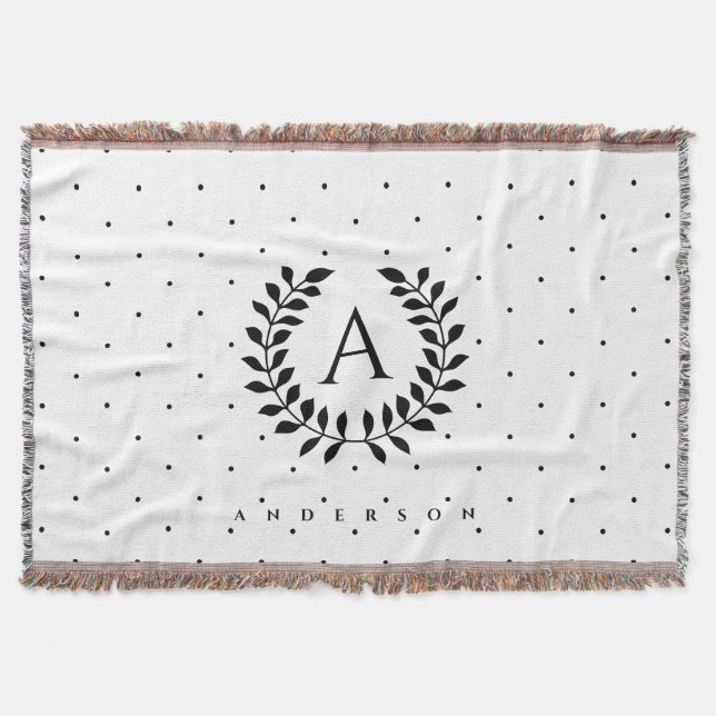 Black And White Laurel Monogram Polka Dot Pattern Decke (Vorderseite)